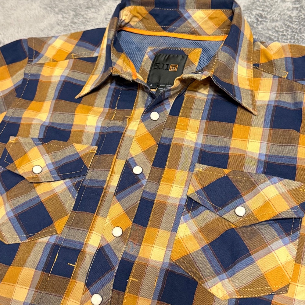 5.11 Tactical Mens Plaid Long Sleeve Pearl Snap‎ Button Shirt Blue Yellow Small